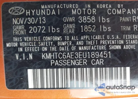 2014 Hyundai Veloster Turbo W/Black z USA, uszkodzony, nr VIN KMHTC6AE3EU189451